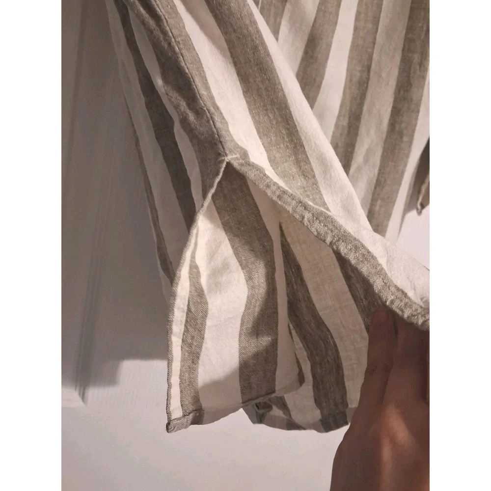 Vntg 90s Linen Blend Striped Button Shirt Tunic Granola Coastal Minimalist